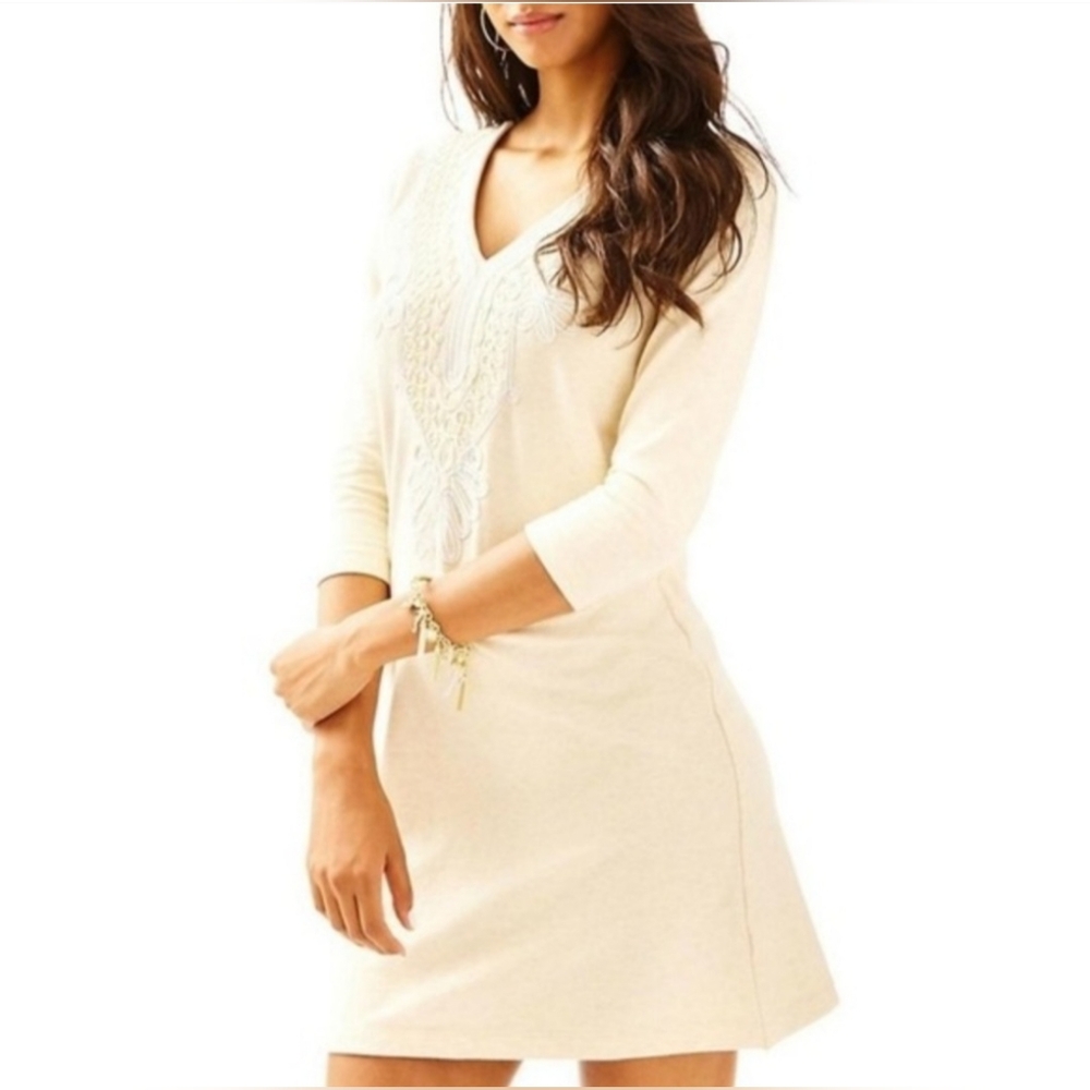 NWOT LILLY PULITZER Clarkson Dress Tan Embroidered French Terry Cream Sz XS